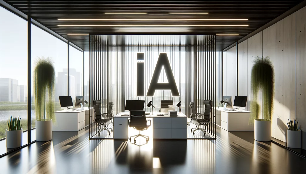 Oficina moderna representando una agencia de inteligencia artificial con enfoque en soluciones empresariales